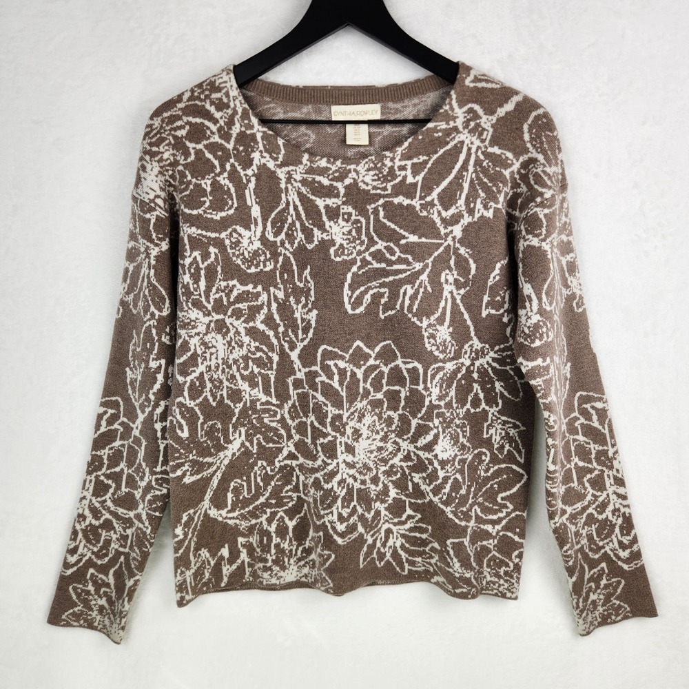 Cynthia Rowley Sweater Women S Tan White Floral Jacquard Knit Neutral Bloom Soft